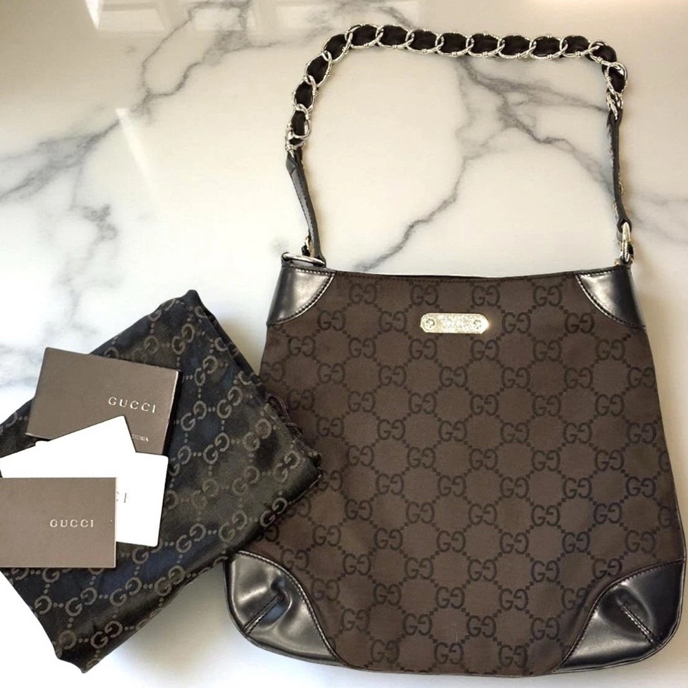 GUCCI Capri Bag Dark Brown GG Monogram Canvas Leather Chain Shoulder Bag